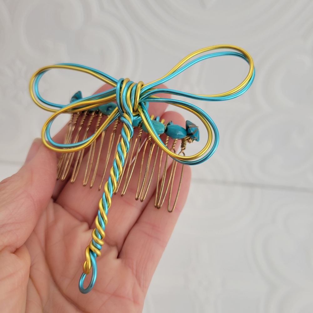 Handmade Dragonfly Hair Comb Teal Gold Wire Gemstone Rhinestone Vintage Art Deco